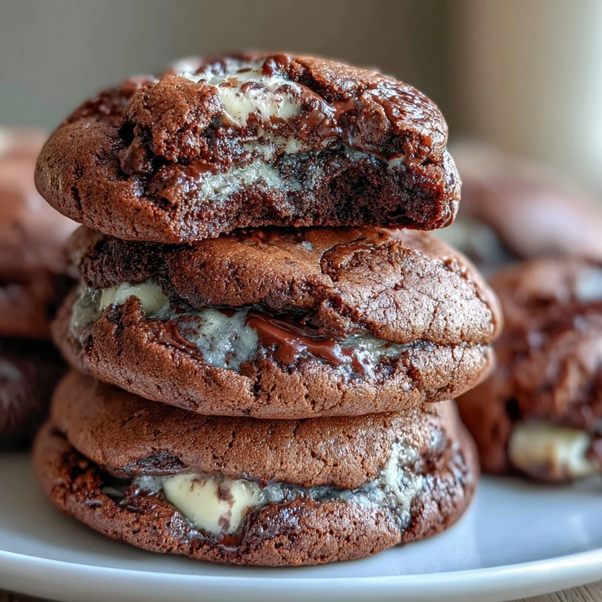 Stack of warm Hojicha Brownie Cookies on a small plate, perfect for an afternoon tea snack.