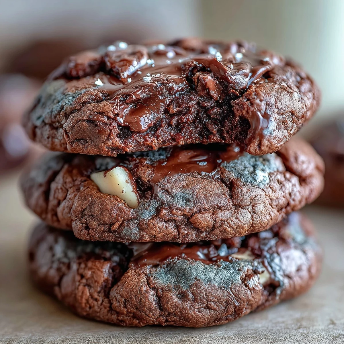Close-up of fudgy Hojicha Brownie Cookies showcasing roasted tea specks and melty white chocolate chips. 