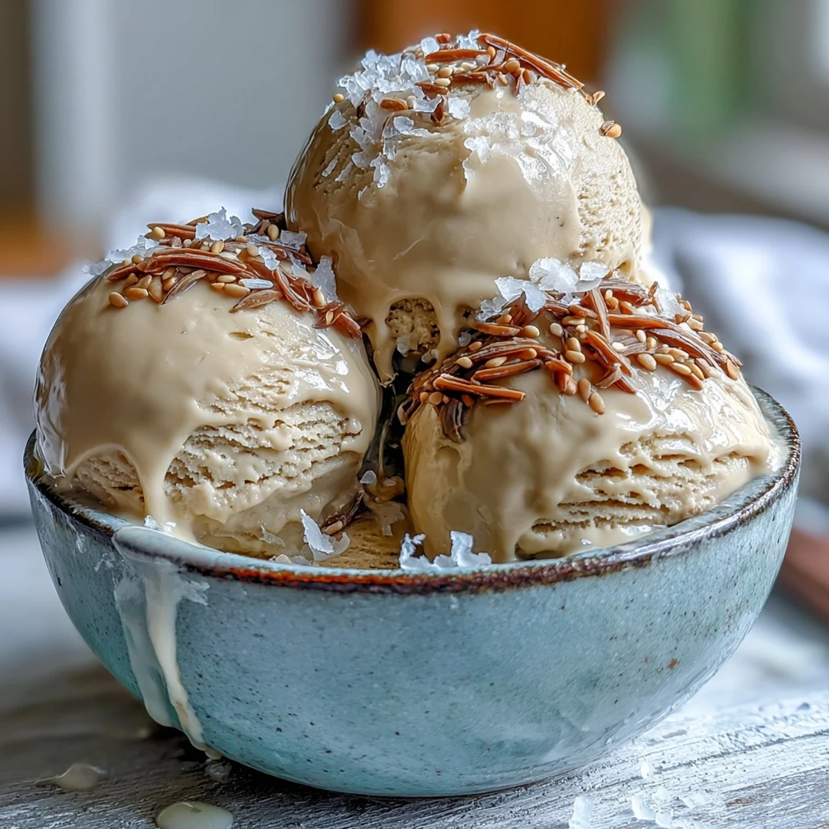 A chilled glass dish filled with creamy, caramel-toned Hojicha Ice Cream, garnished with a delicate green tea leaf.