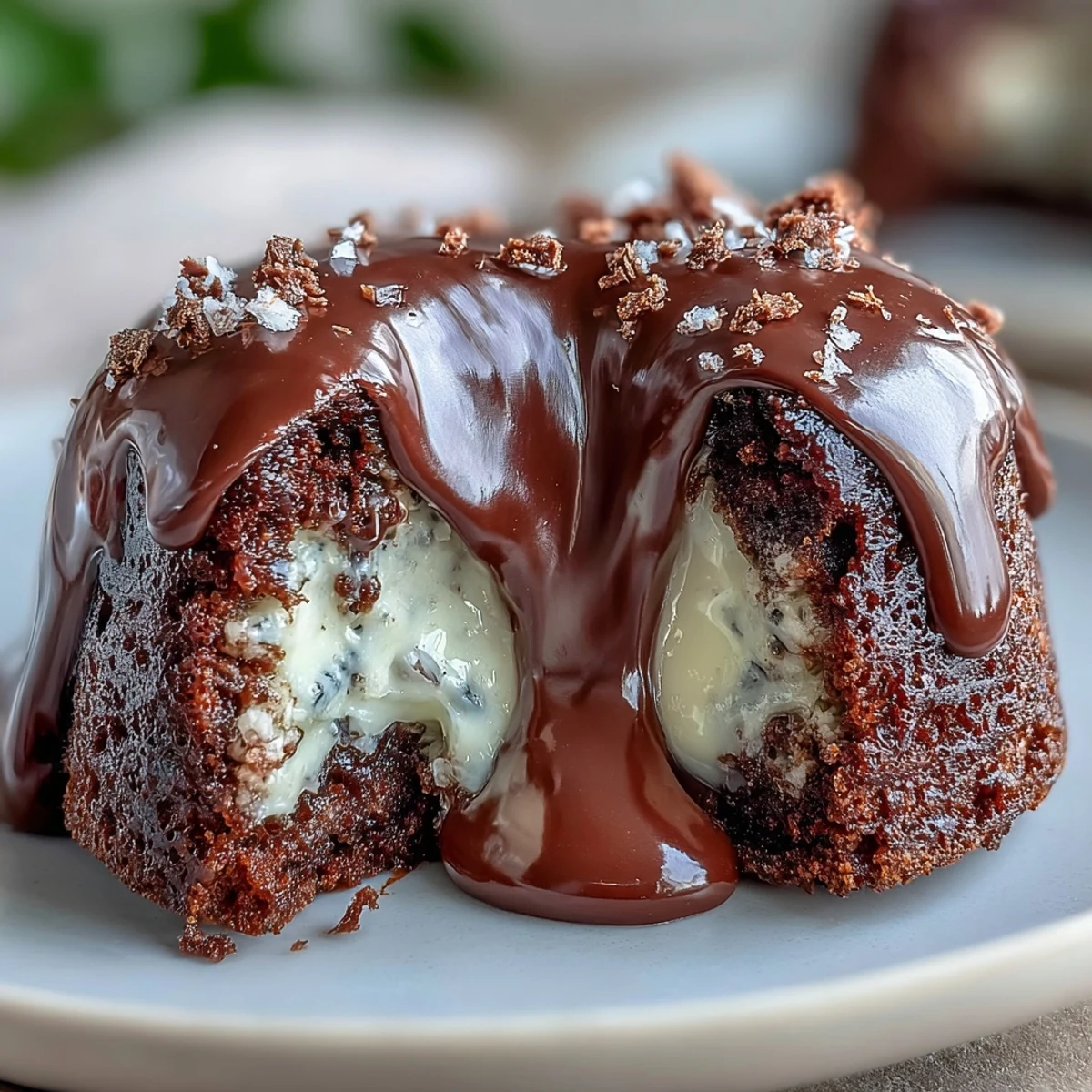 Freshly baked Hojicha Lava Cake with rich roasted green tea ganache flowing onto a white plate.