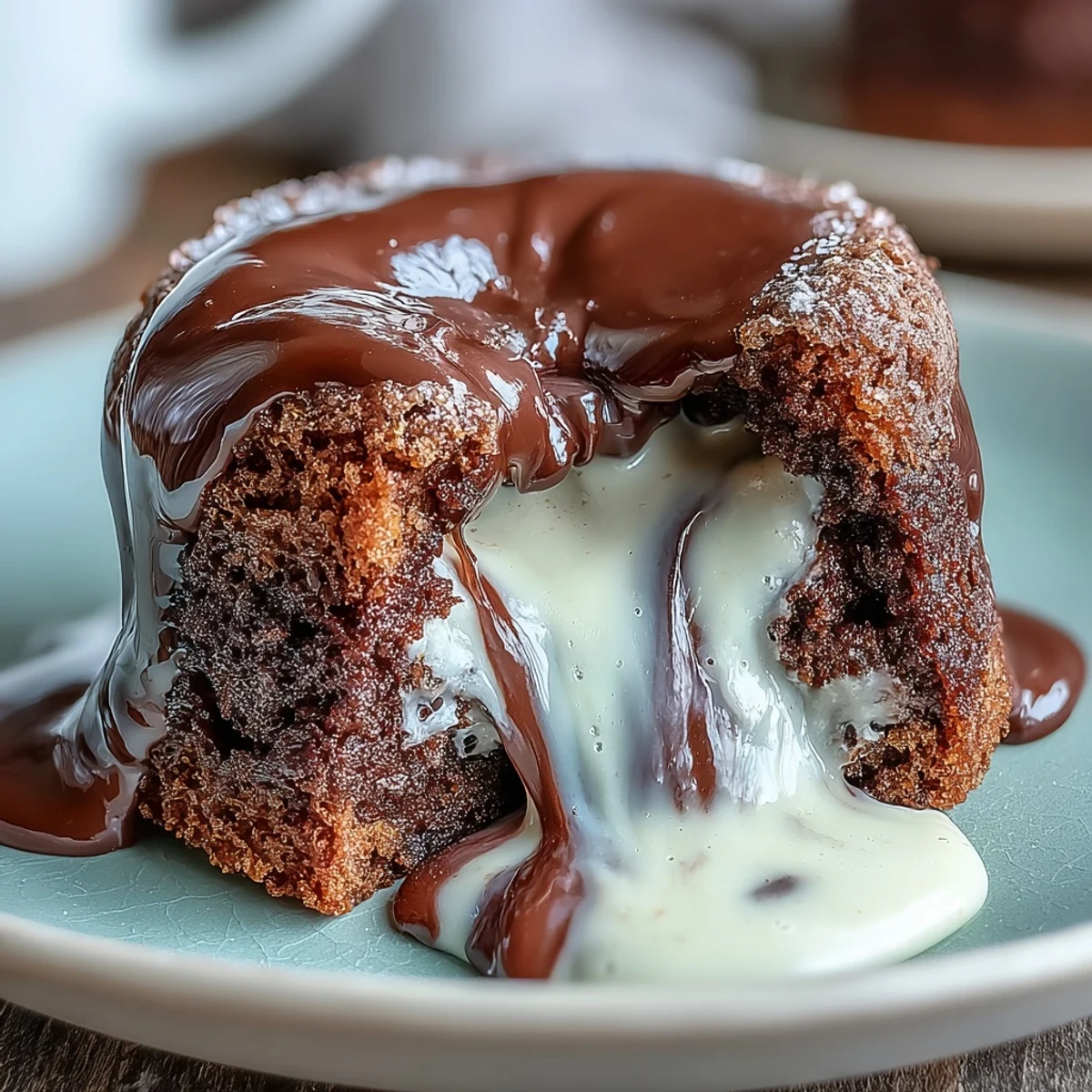 Individual Hojicha Lava Cake topped with powdered sugar, served warm alongside a scoop of vanilla ice cream.