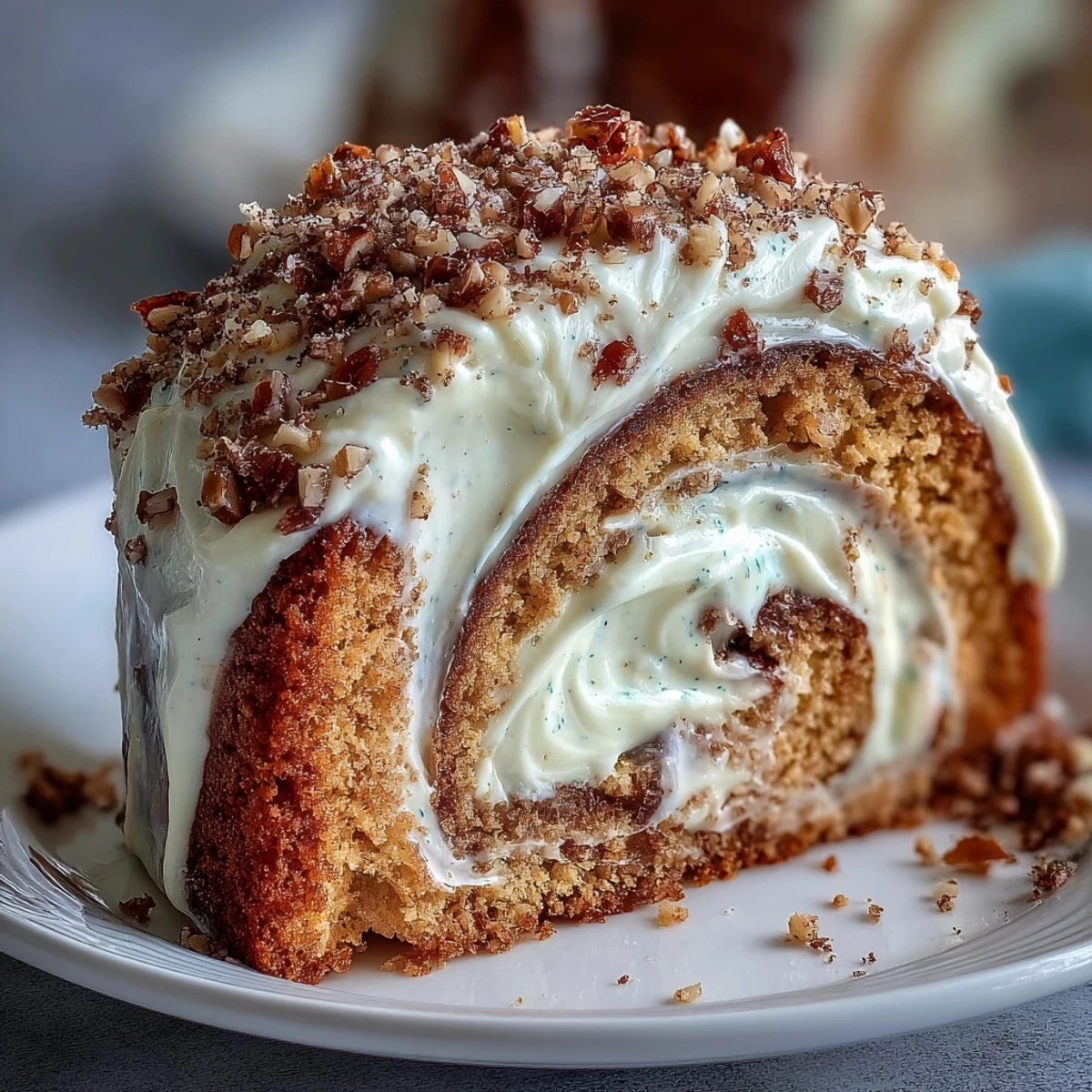 Hojicha Roll Cake dusted with powdered sugar and sliced to reveal the creamy hojicha filling and bright mango strips.