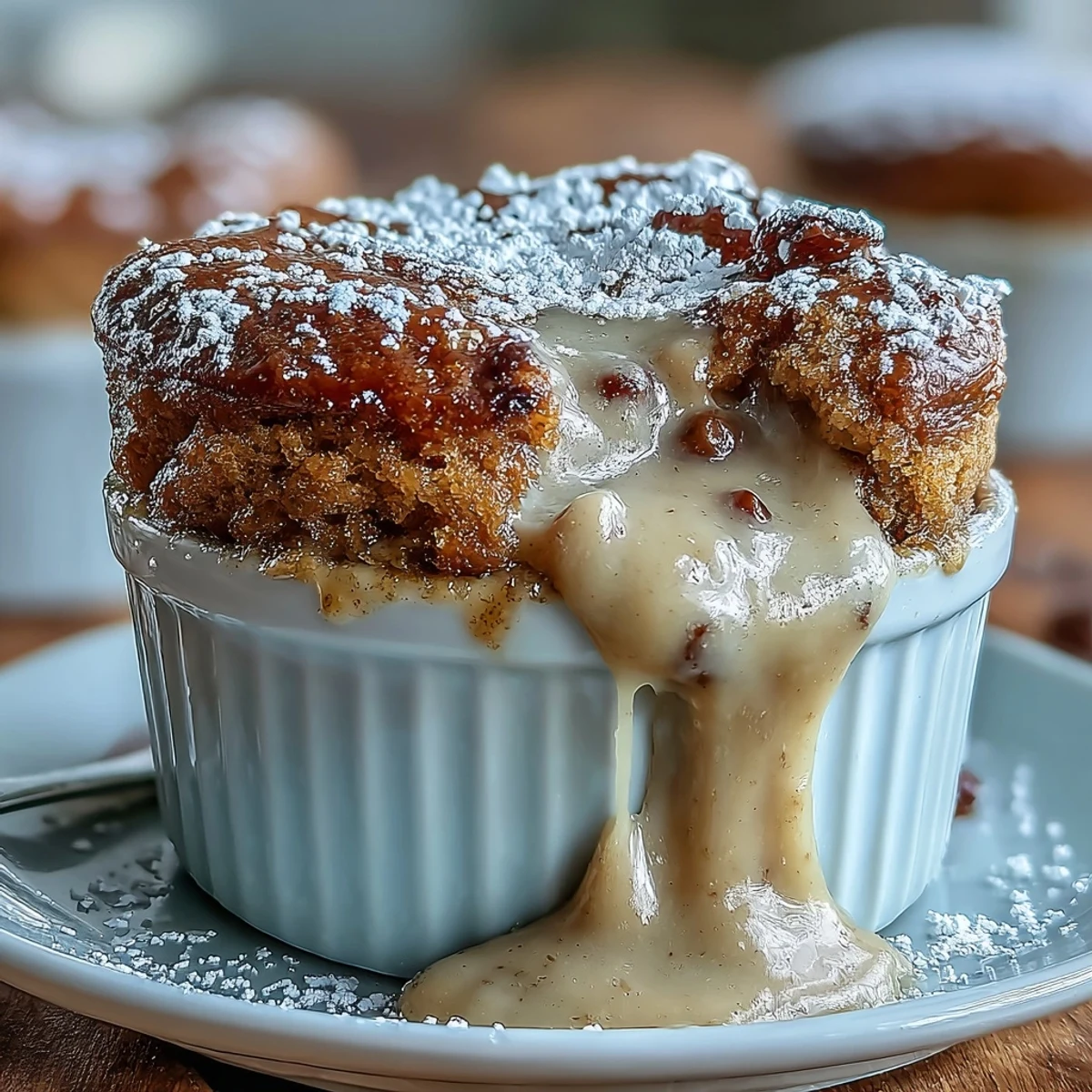 Freshly baked Hojicha White Chocolate Lava Cake with a molten roasted tea center on a white plate.