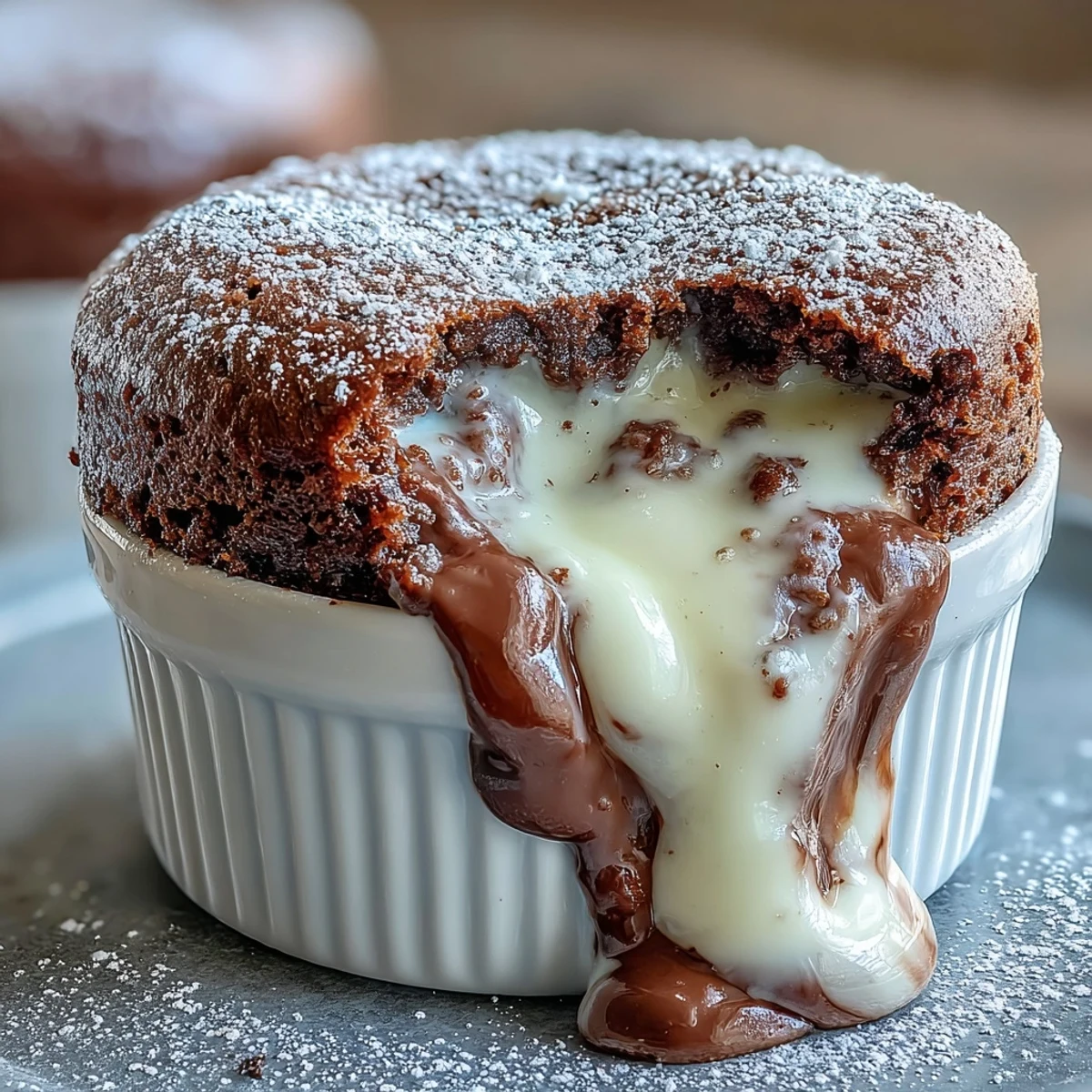 Individual Hojicha White Chocolate Lava Cake dusted with powdered sugar, served with fresh raspberries and a cup of tea.