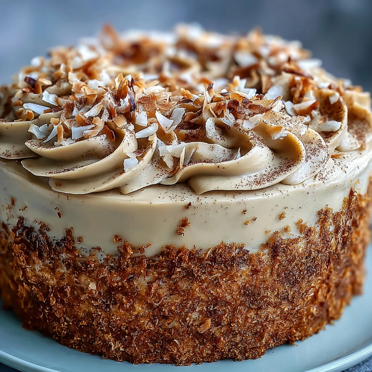 Freshly frosted Vegan Hojicha Latte Cake with toasted coconut flakes, showcasing a moist crumb and creamy topping.