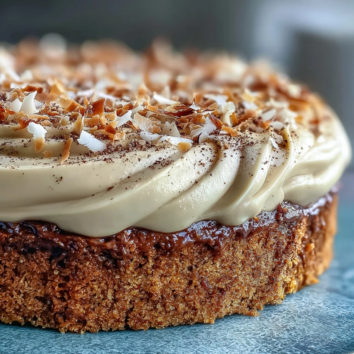 A slice of Vegan Hojicha Latte Cake reveals a delicate, roasted tea crumb alongside rich coconut frosting layers.