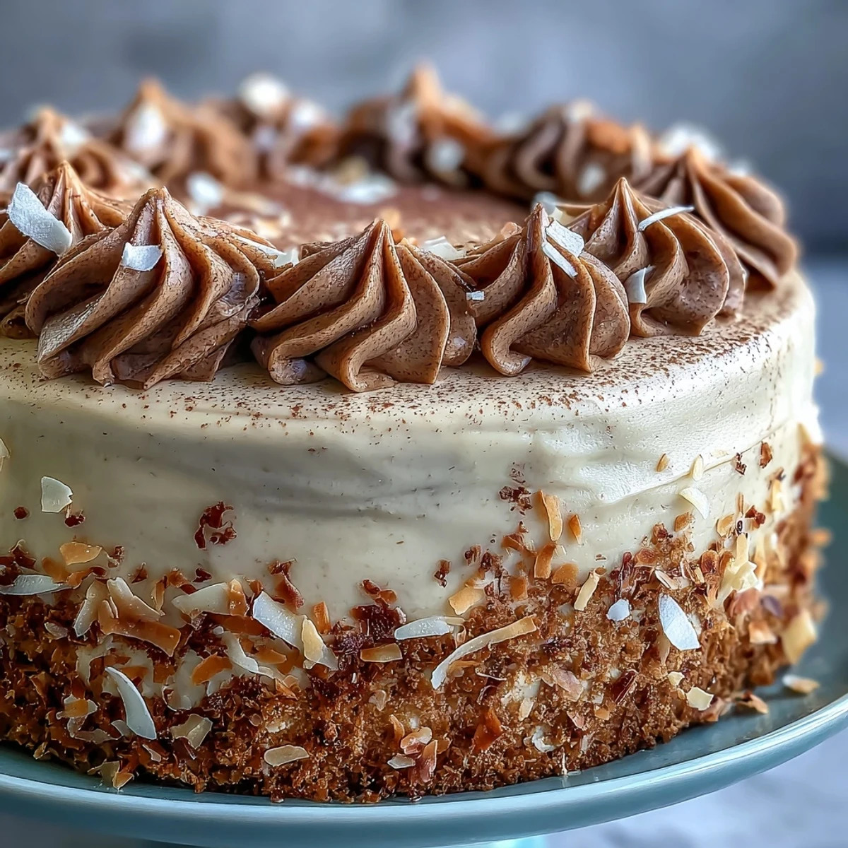 Warm Vegan Hojicha Latte Cake on a platter, ready to serve with a dusting of hojicha powder.