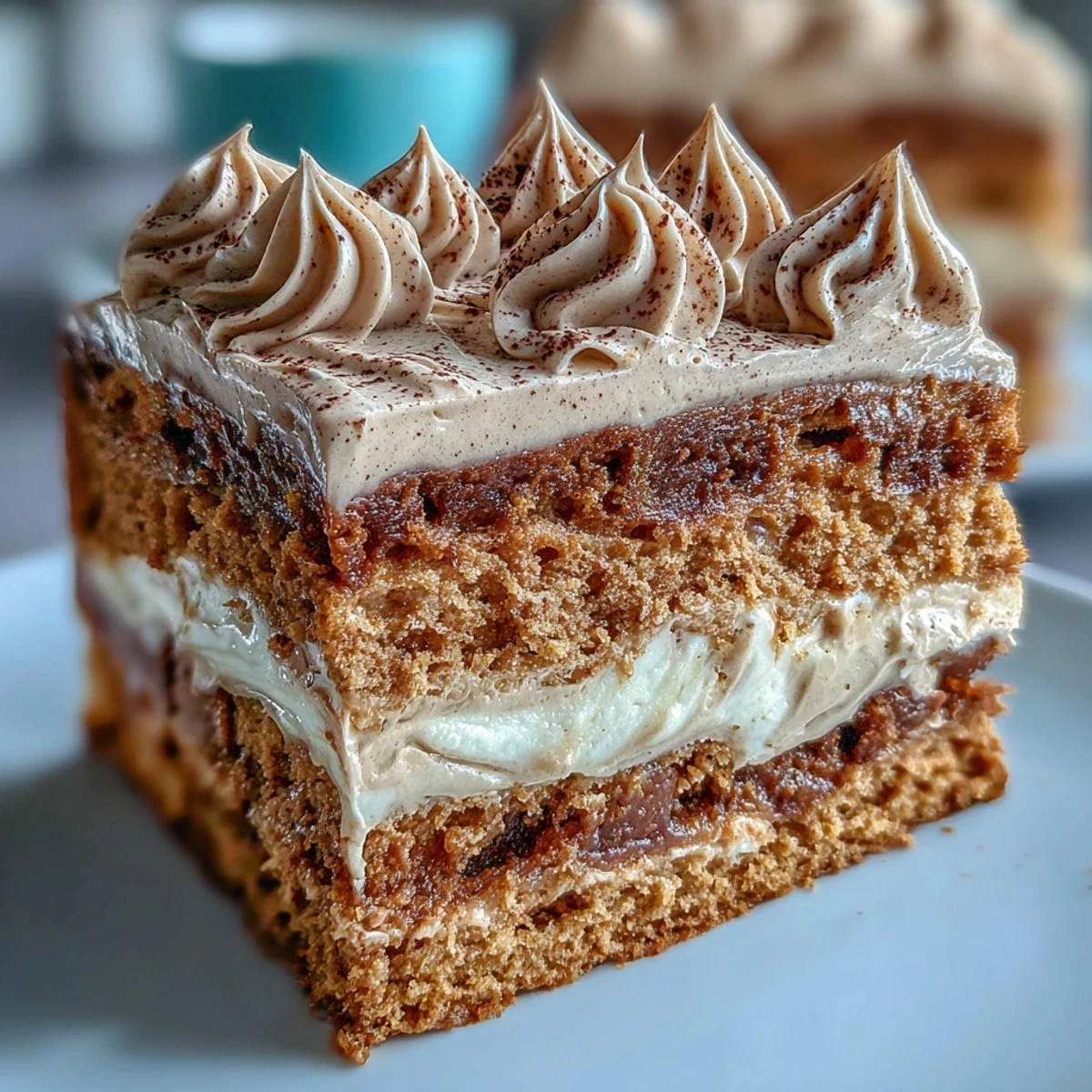 Fluffy Hojicha Cake slice showing airy genoise layers and creamy hojicha frosting on a plate. 