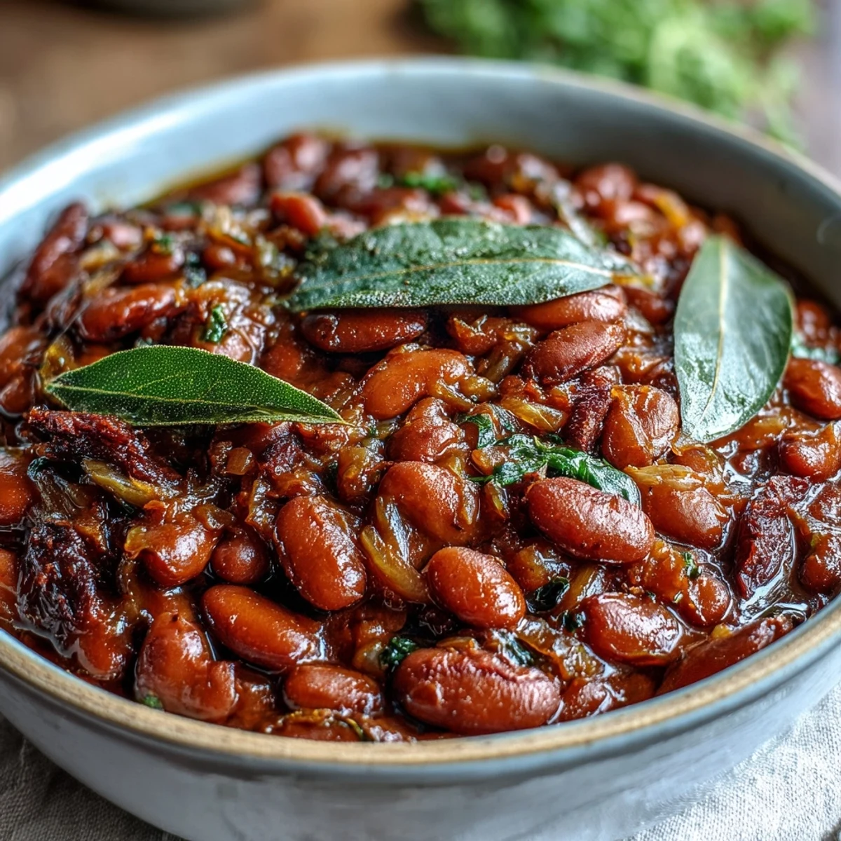 Tender creamy pinto beans simmered with onions, garlic, and bay leaves in a rustic Dutch oven.