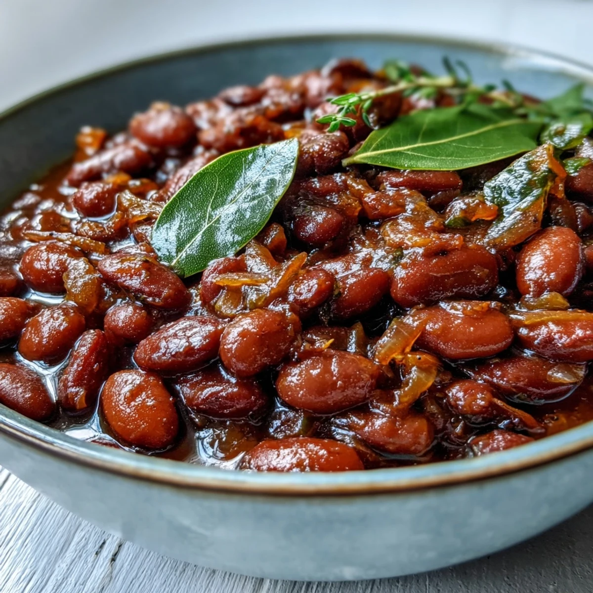Plate of homemade pinto beans with olive oil and bay leaves, ready to star in chili.