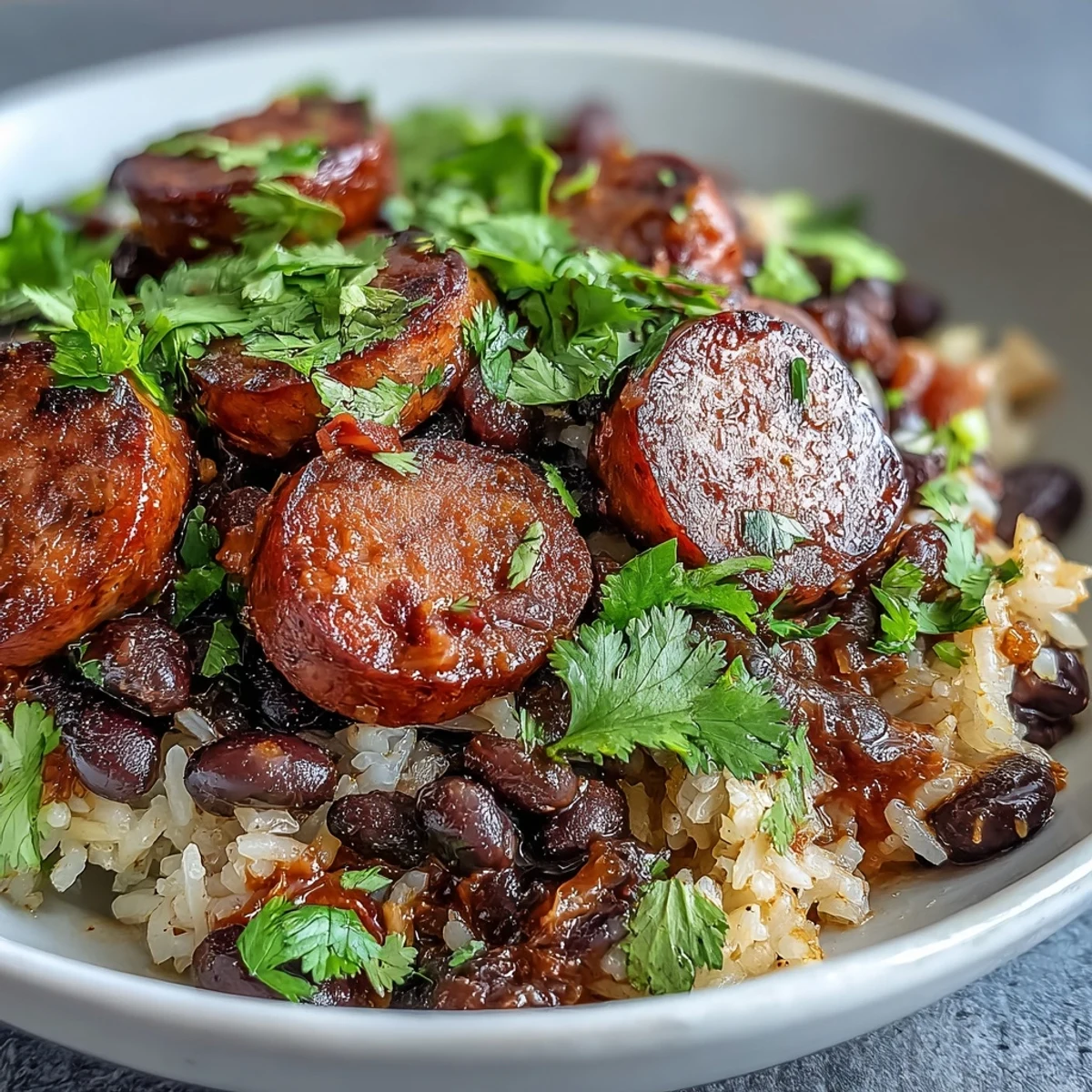 Golden-brown smoked sausage, tender black beans, and fluffy rice simmer in a rich tomato base in a hot skillet.