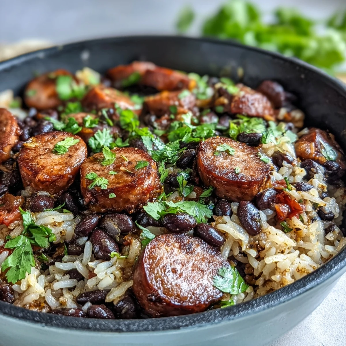 Fresh cilantro and bright lime wedges garnish this hearty Black Beans, Sausage, and Rice Skillet for a Tex-Mex finish.