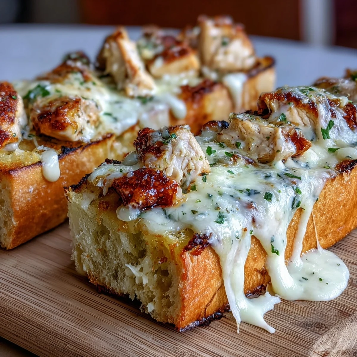 Crispy Italian bread loaded with seasoned chicken, parmesan cream sauce, and bubbly cheese topping.
