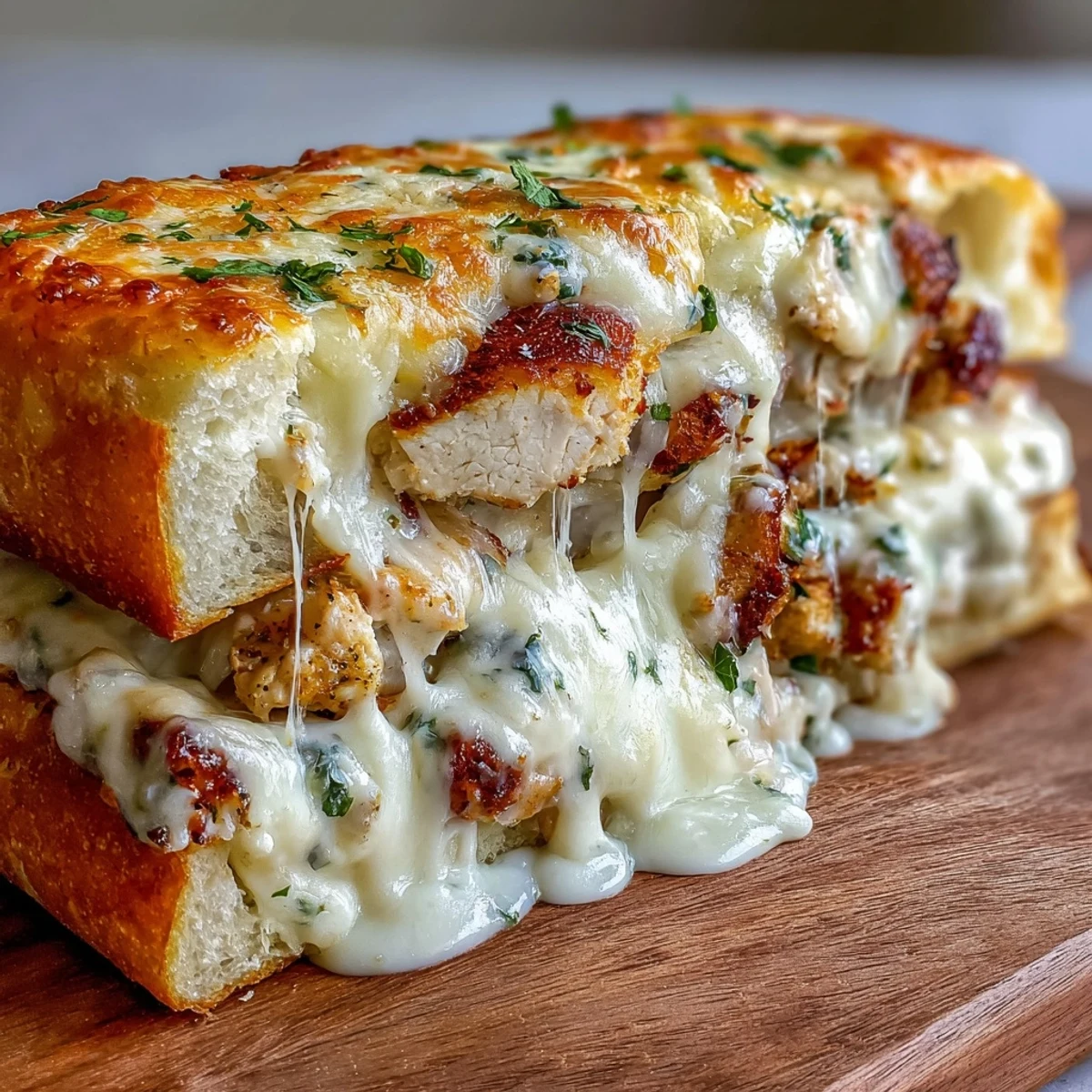 Freshly baked Chicken Alfredo Garlic Bread served warm with extra creamy Alfredo sauce for dipping.