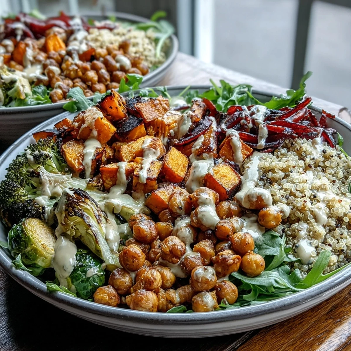 Perfectly caramelized roasted veggies and chickpeas in a savory bowl for an easy weeknight dinner.