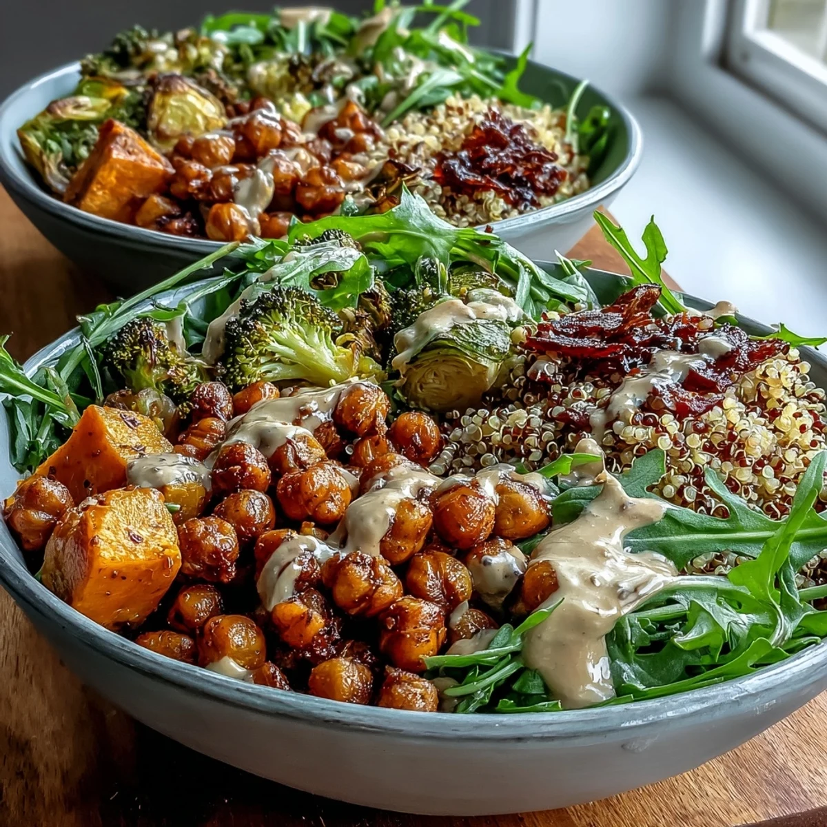 Golden roasted vegetables and crunchy chickpeas topped with a rich, creamy maple tahini drizzle.