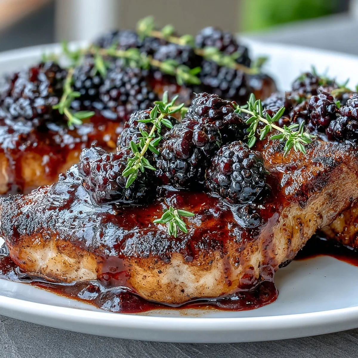Pan-seared Bourbon Blackberry Pork Chops topped with a glossy, sweet-tangy glaze and fresh thyme.