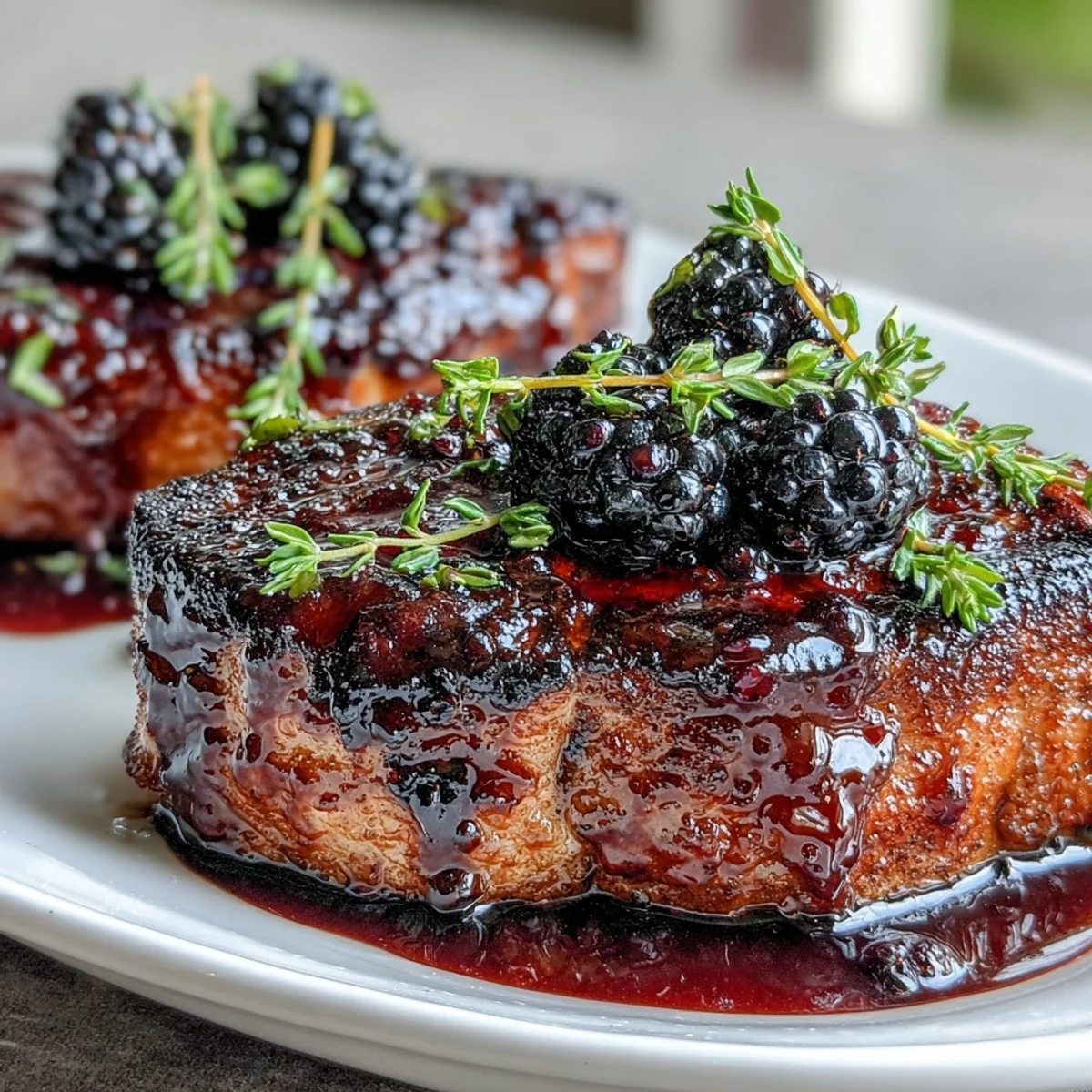 Sliced Bourbon Blackberry Pork Chops revealing a juicy center, drizzled with rich bourbon blackberry glaze.