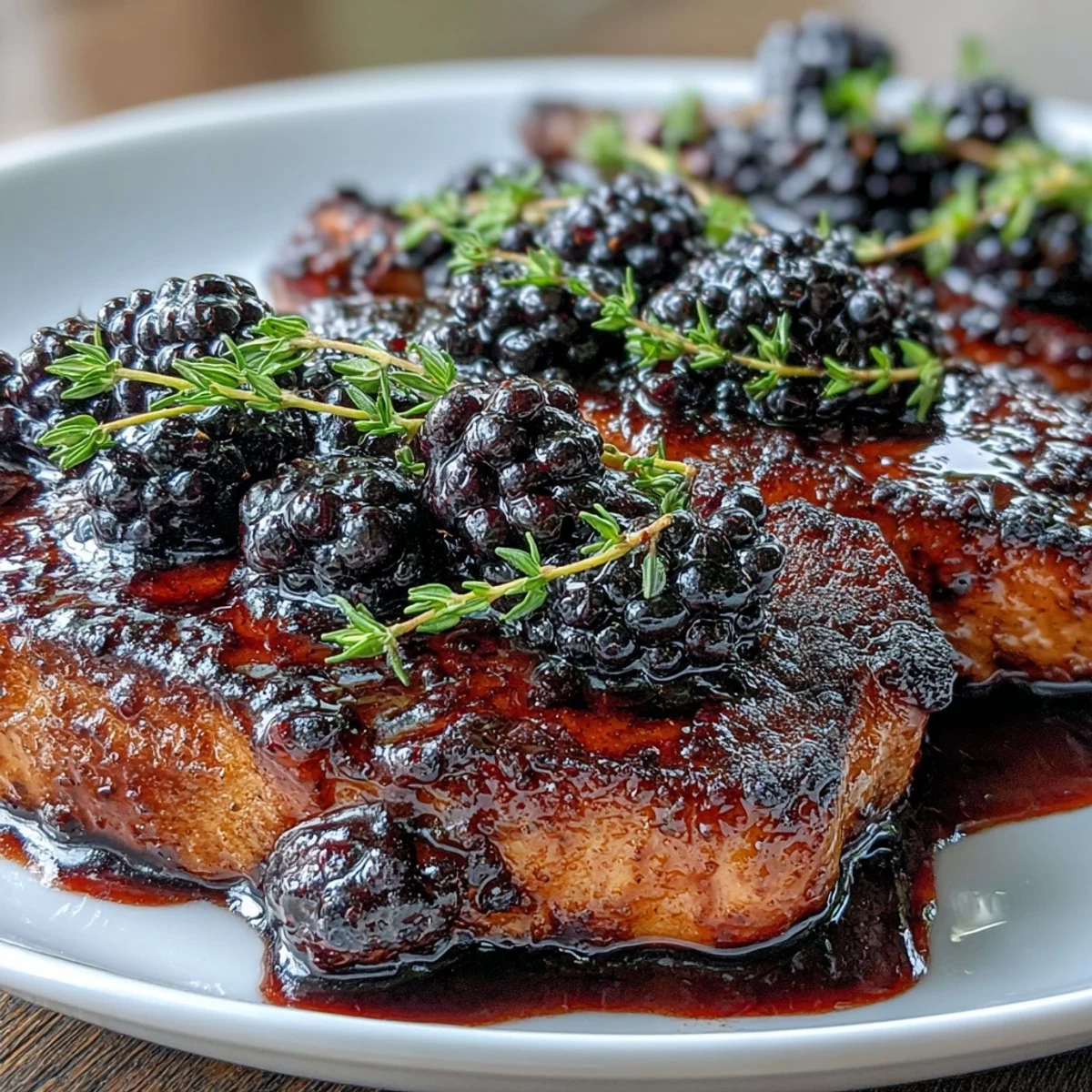 Plated Bourbon Blackberry Pork Chops served with roasted sweet potatoes and fresh blackberries, ready to eat.