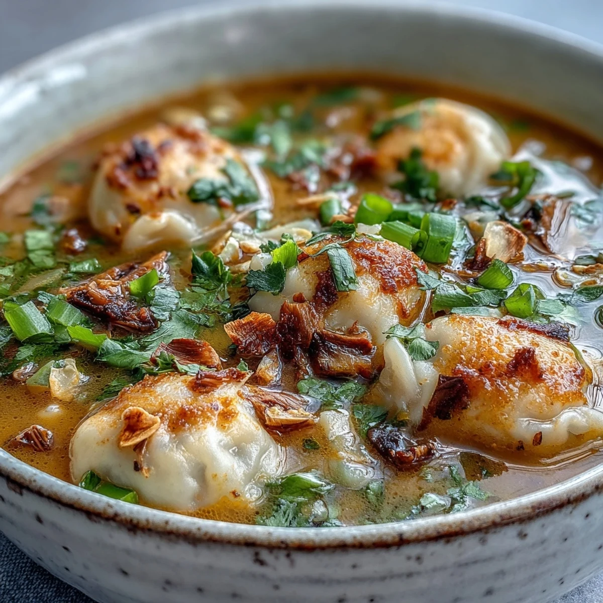Creamy Quick Coconut Curry Soup with Dumplings steams in a white bowl, garnished with cilantro and chili oil.