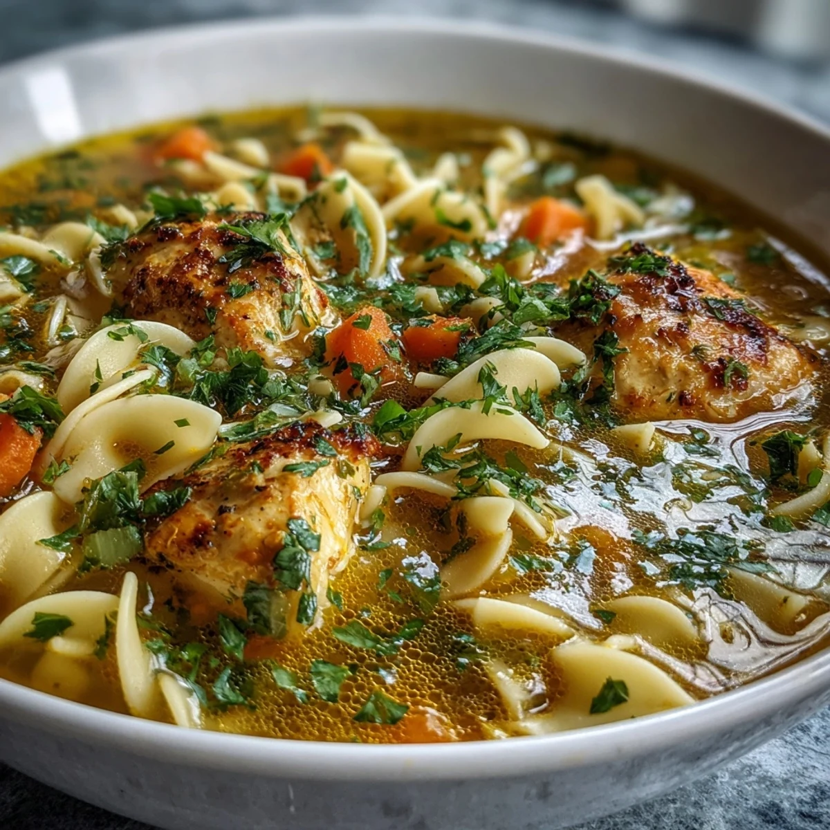 Comforting bowl of Ginger Turmeric Chicken Soup with egg noodles and aromatic spices, ready to enjoy on a wooden table.