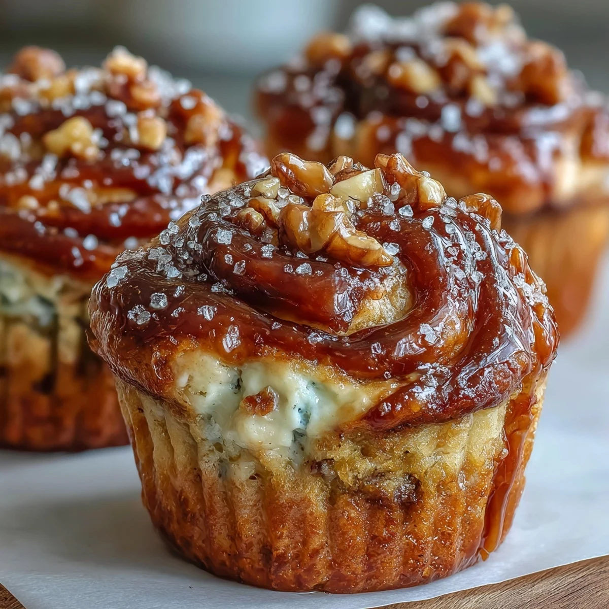 Freshly baked Caramel Cream Cheese Swirl Muffins sitting on a wire cooling rack with a drizzle of caramel sauce.