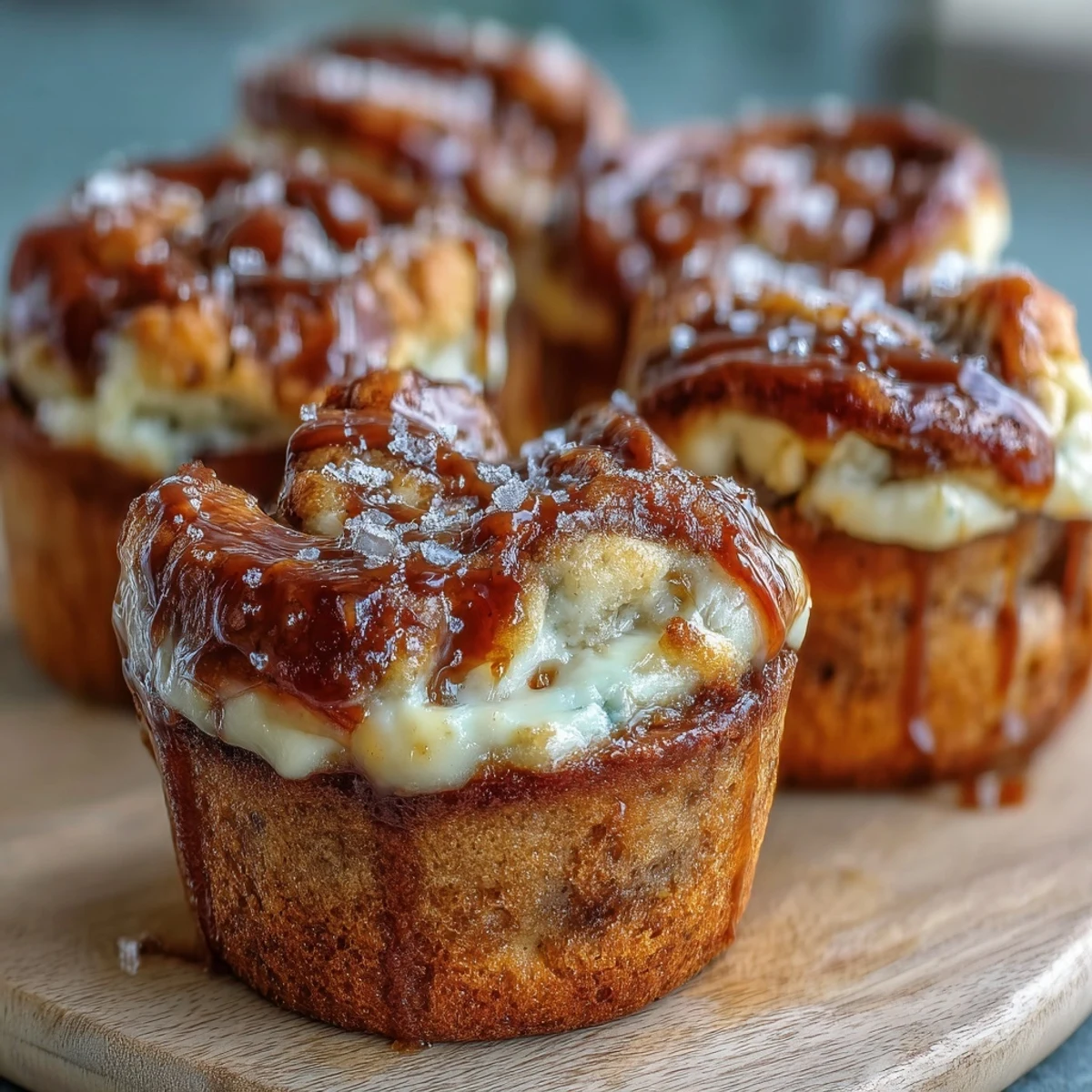 A platter of warm Caramel Cream Cheese Swirl Muffins served for breakfast alongside a steaming hot cup of coffee.