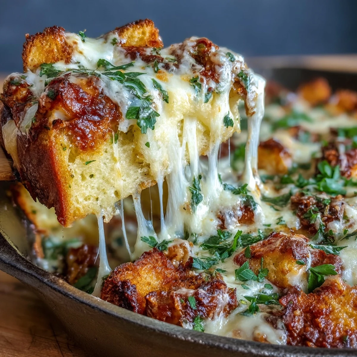 Golden-brown Cheesy Garlic Bread Lasagna Skillet fresh from the oven with bubbly melted cheese.