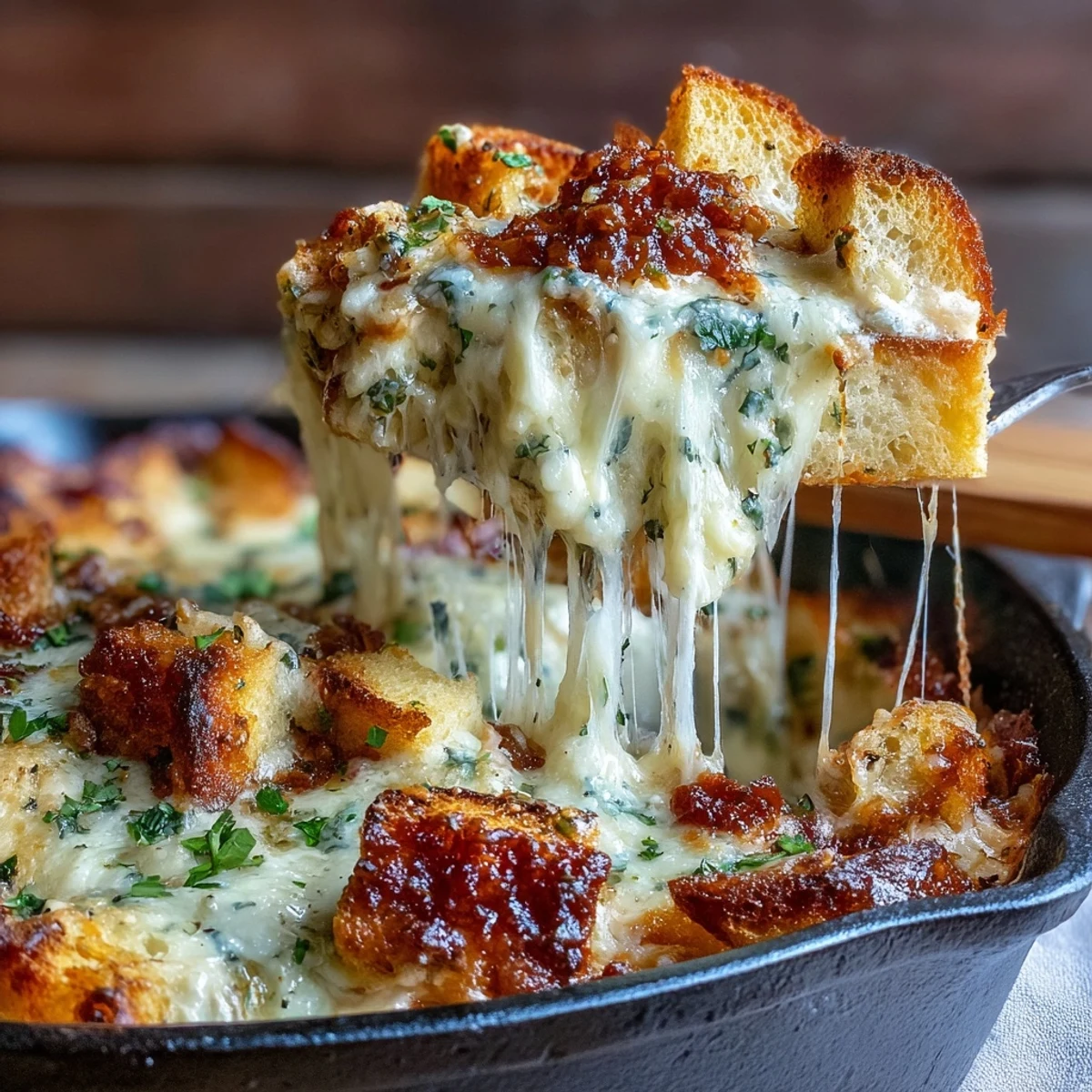 Ground beef and marinara sauce layered with garlic bread cubes inside a cast-iron skillet.