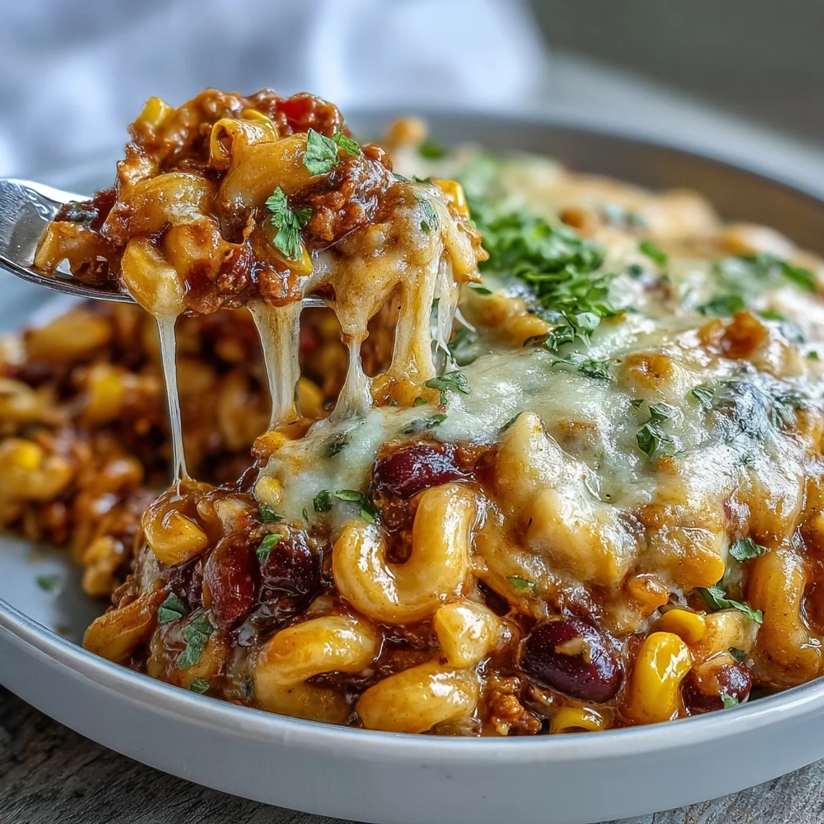 One-Pot Tex-Mex Chili Mac with Corn in a Dutch oven, bubbling with a melted cheddar topping and fresh garnishes.