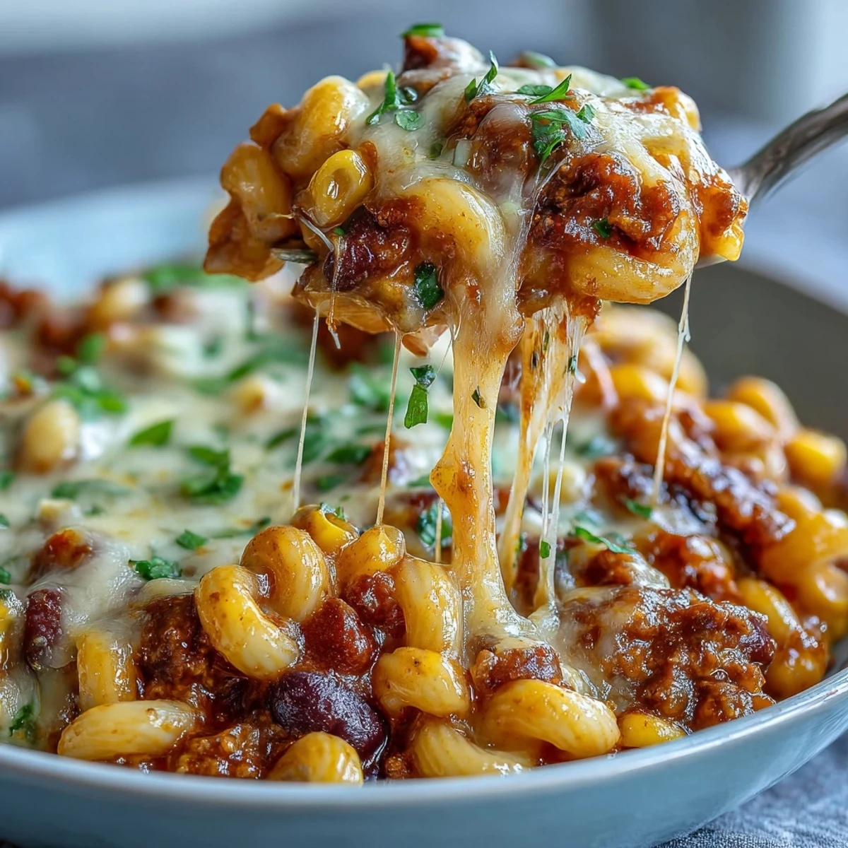 Hearty One-Pot Tex-Mex Chili Mac with Corn served in a rustic bowl, topped with jalapeños, cilantro, and sour cream.