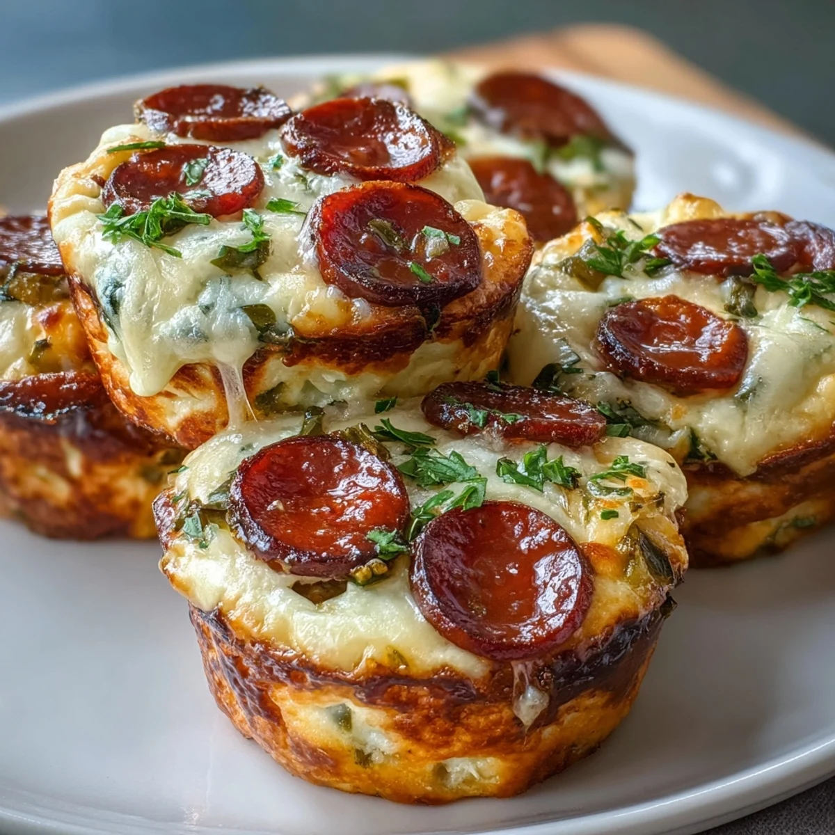Freshly baked High-Protein Pepperoni Breakfast Cups are served warm on a white plate, ready for a drizzle of extra pizza sauce.