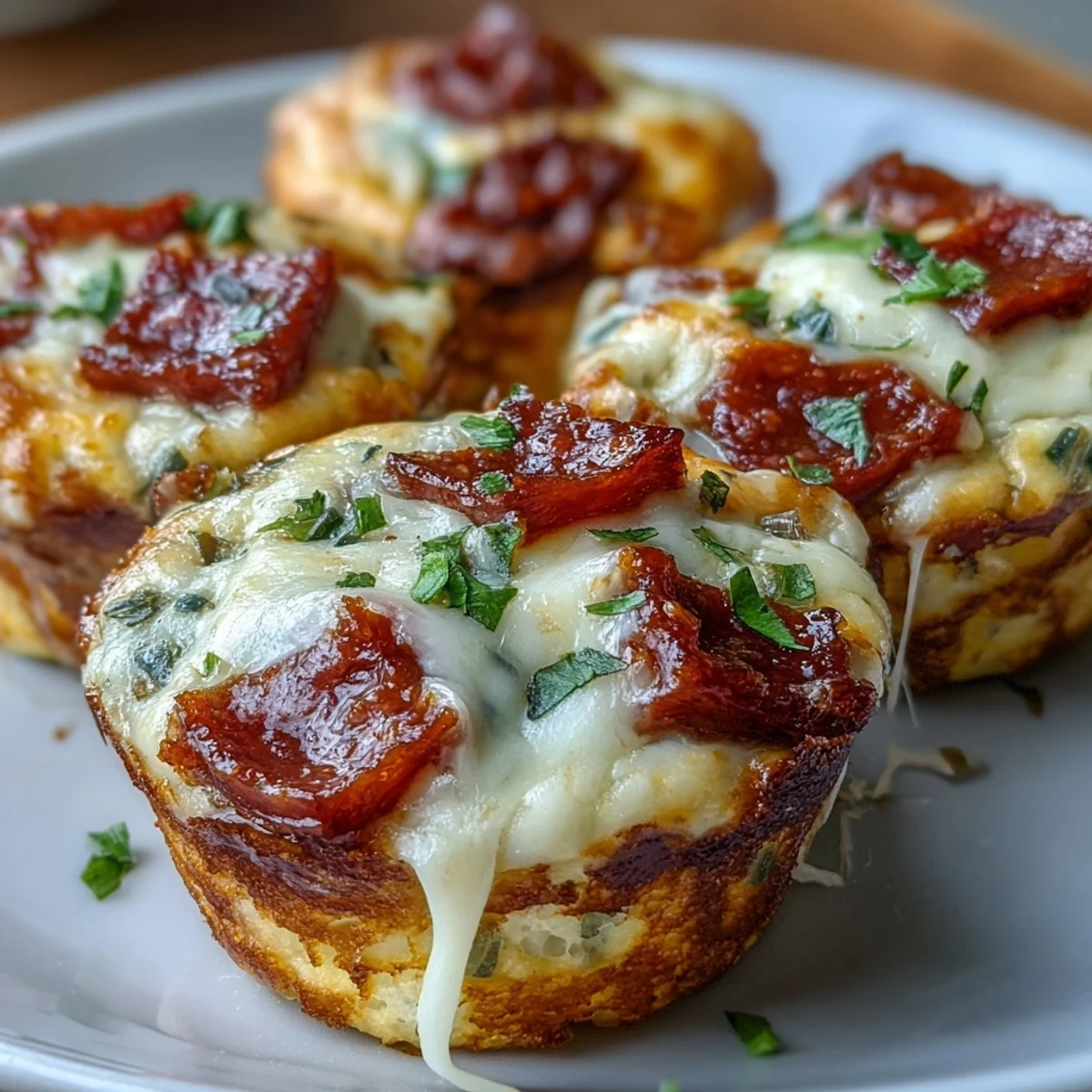 Twelve savory High-Protein Pepperoni Breakfast Cups are arranged on a rustic wooden board, perfect for a hearty, low-carb meal prep breakfast.