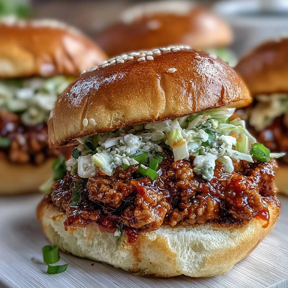 Freshly toasted slider buns hold a mound of spicy Korean turkey sloppy joe filling, topped with a bright, crunchy cabbage slaw.