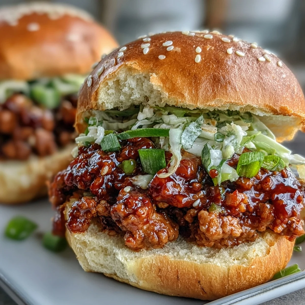 Ground turkey simmered in a rich gochujang sauce is piled high on soft buns, ready to be eaten with pickled veggies.
