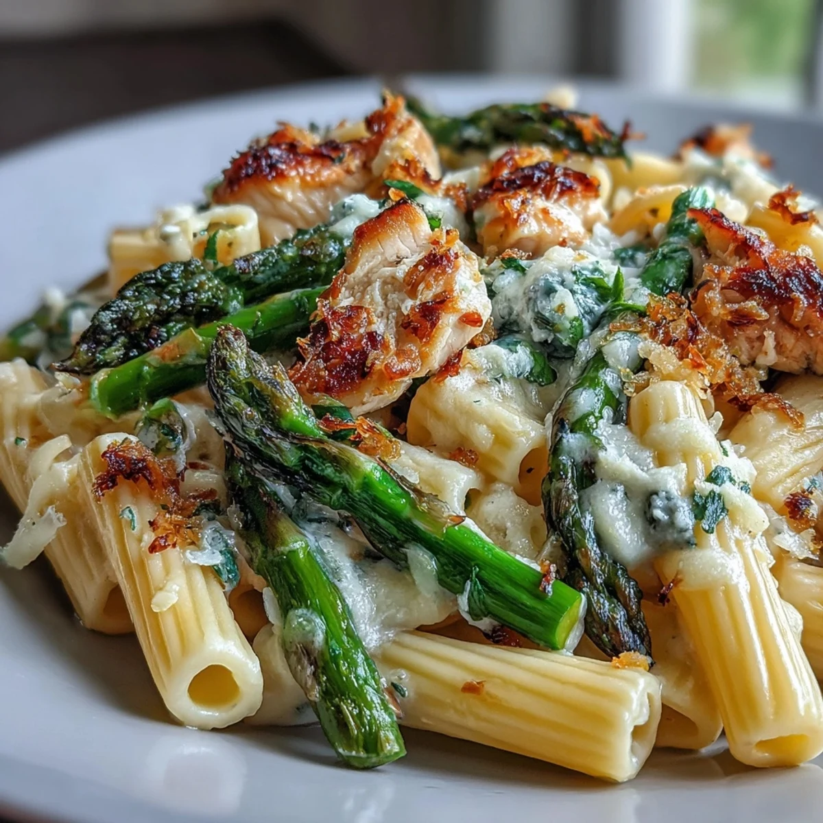 Fresh parsley garnish and a lemon wedge sit beside a forkful of cheesy Crispy Parmesan Asparagus Chicken Pasta, ready to serve.