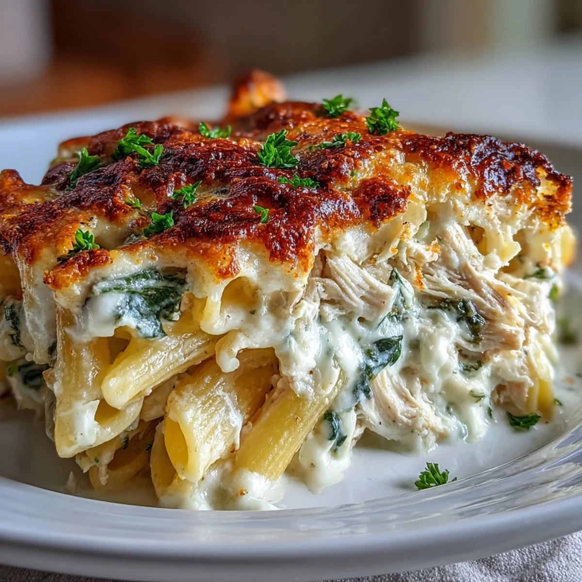 Greek Yogurt Chicken Alfredo Bake bubbling from the oven with golden Parmesan and fresh parsley garnish on top.