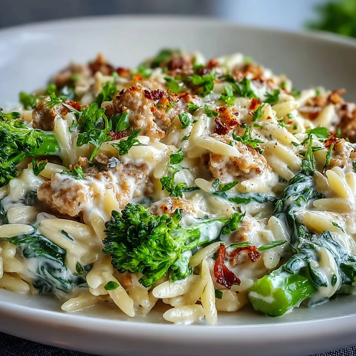 Creamy Garlic Turkey & Broccoli Orzo served hot, with tender turkey and bright green broccoli florets in a rich parmesan sauce.