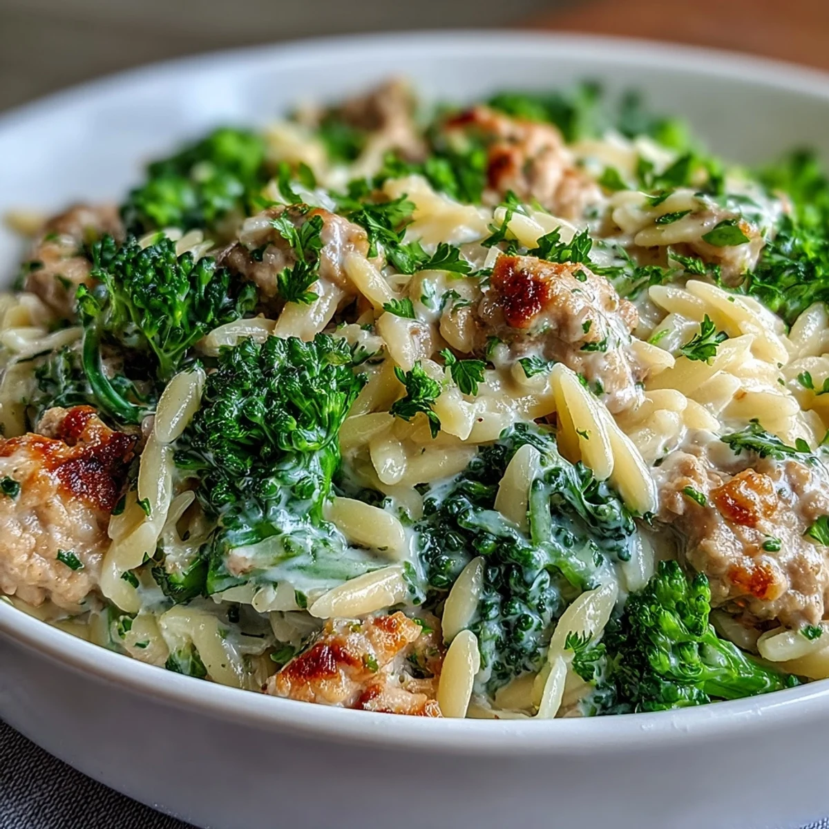 Steam rises from a skillet of Creamy Garlic Turkey & Broccoli Orzo, showcasing cheesy orzo pasta and minced garlic throughout.