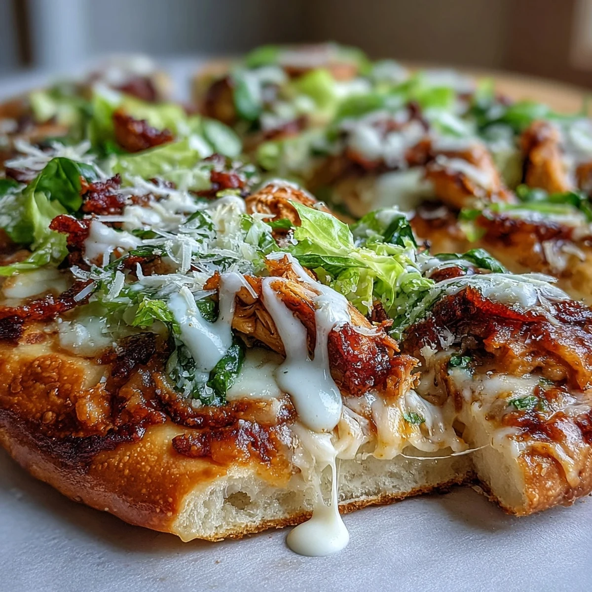 Golden-baked Garlic Naan Chicken Caesar Pizzas with melted mozzarella and fresh chopped romaine.
