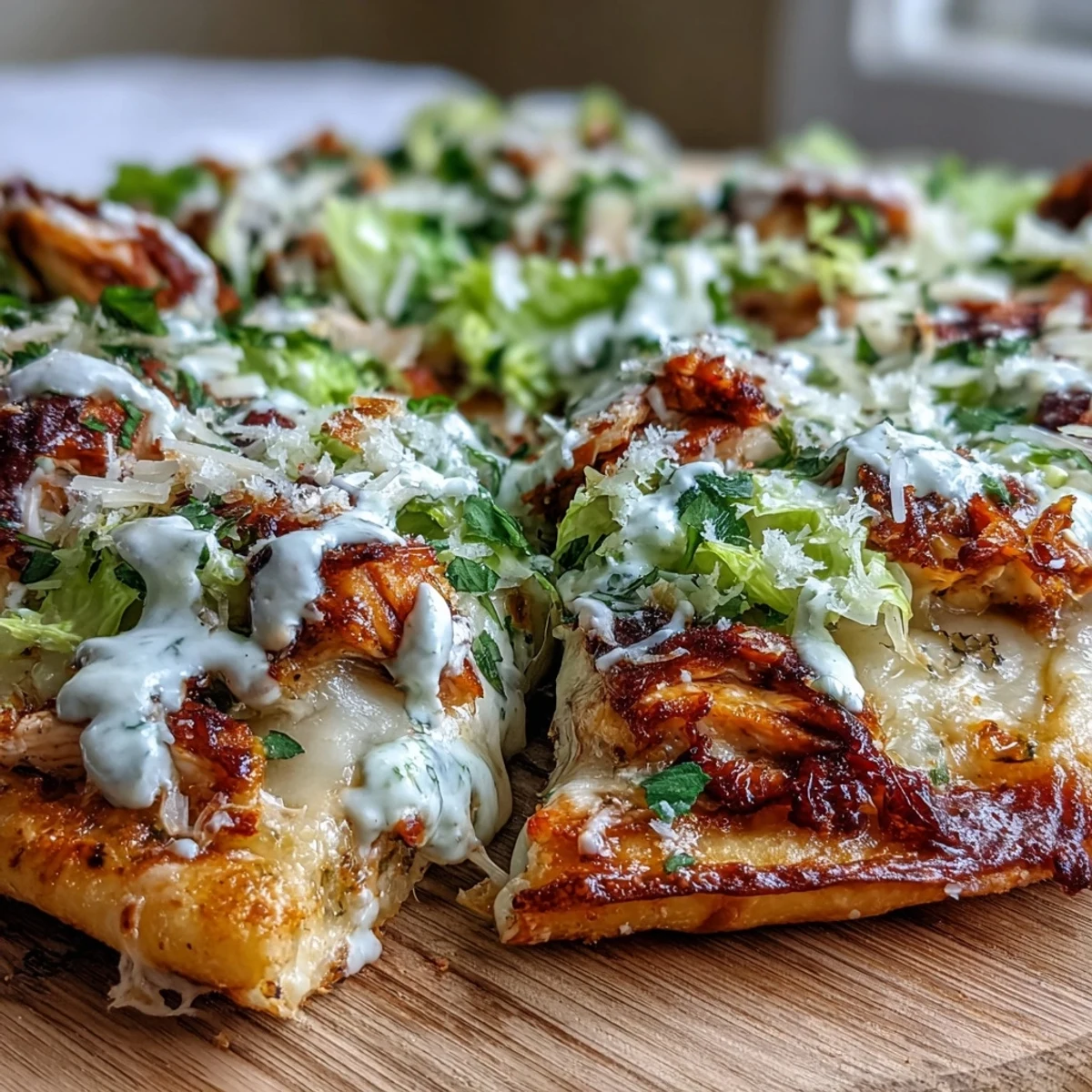 Freshly baked fusion pizza with shredded chicken, creamy cheese, and crisp lettuce on naan.