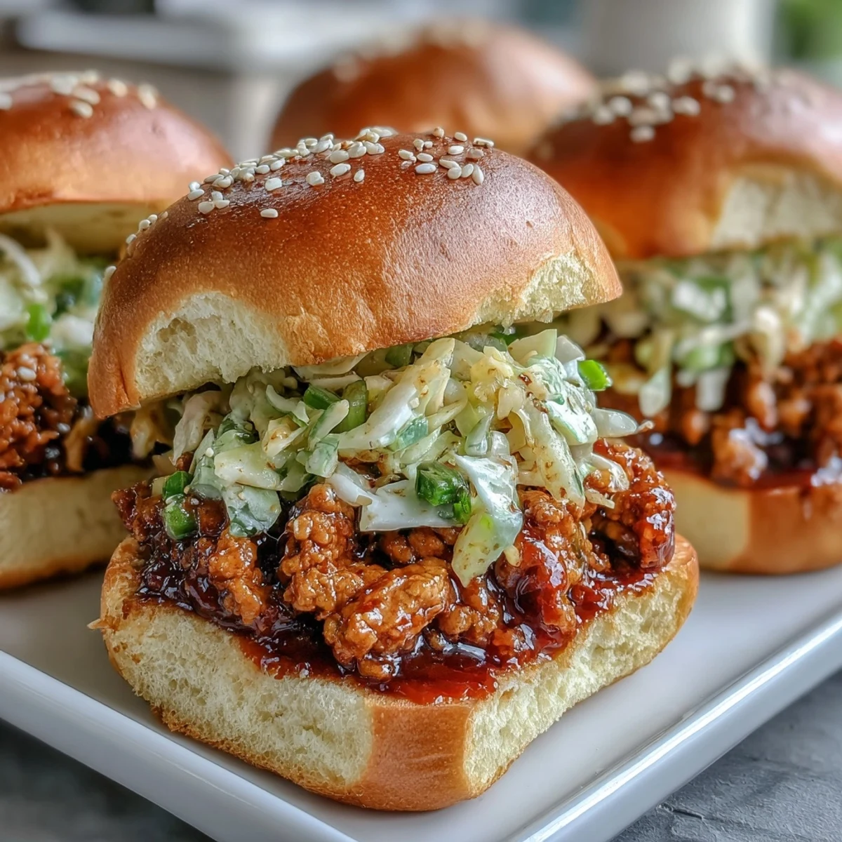 Warm Korean Turkey Sloppy Joe Sliders served with a tangy carrot and cabbage slaw on a wooden serving board.