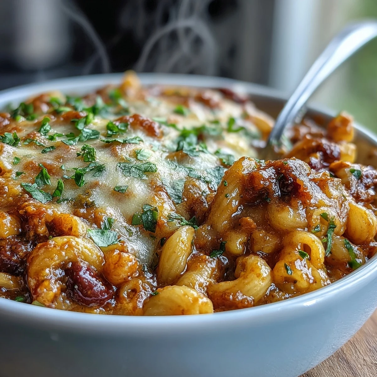 A steaming bowl of One-Pot Tex-Mex Chili Mac with Corn, topped with melted cheddar and fresh cilantro, served beside tortilla chips.