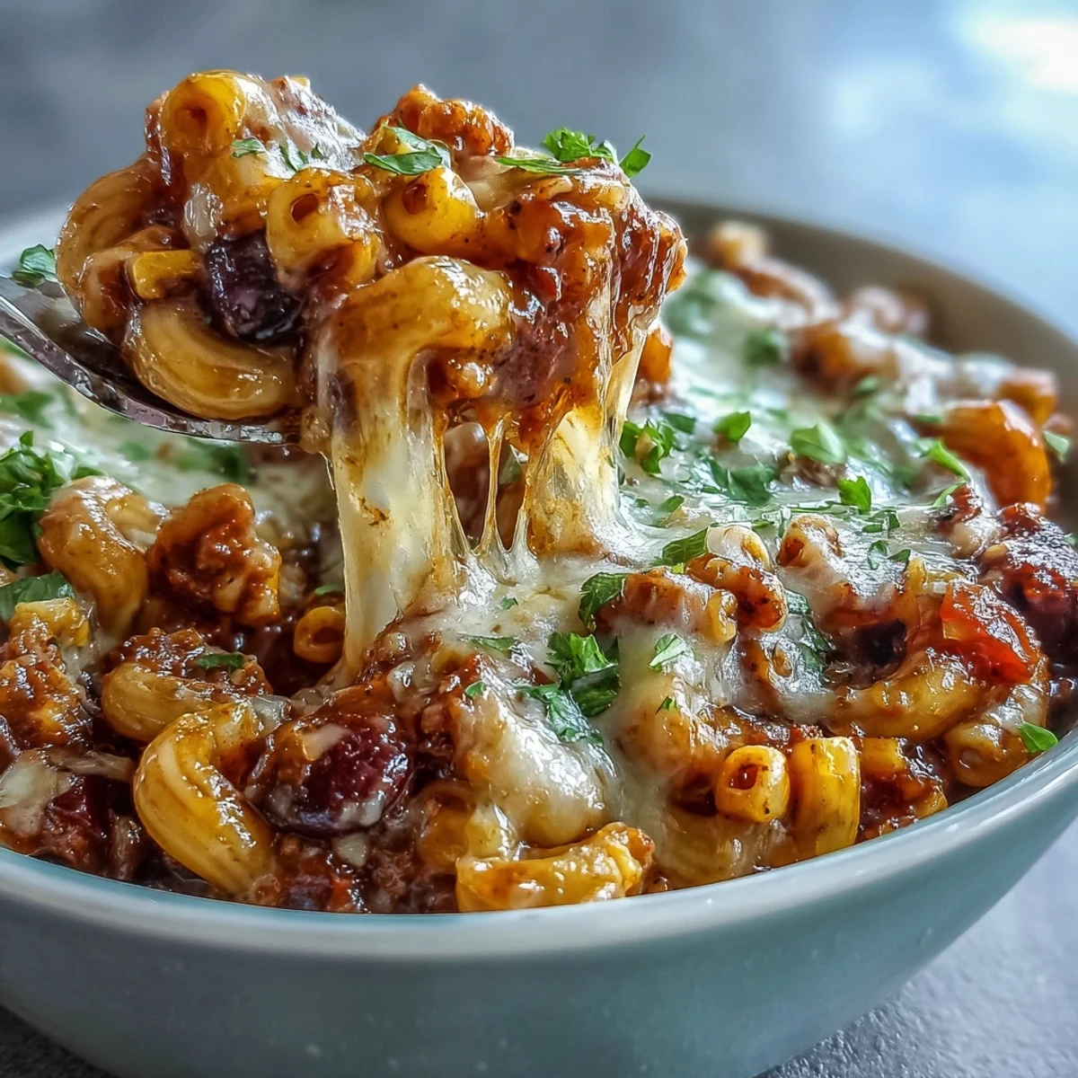 Hearty One-Pot Tex-Mex Chili Mac with Corn garnished with sour cream and green onions, perfect for a cozy weeknight dinner.