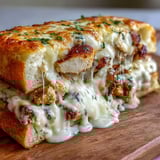 Freshly baked Chicken Alfredo Garlic Bread served warm with extra creamy Alfredo sauce for dipping.
