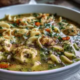 Creamy Coconut Ginger Turmeric Chicken Soup featuring tender chicken pieces, vibrant turmeric hues, and diced carrots in a ladle.