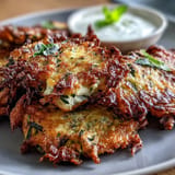 Golden brown zucchini pancakes loaded with creamy feta, paired with a tangy mint yogurt sauce for a Mediterranean appetizer.  