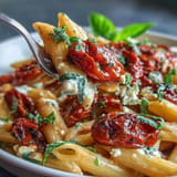 Golden baked feta pasta topped with vibrant cherry tomatoes, basil.
