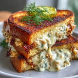 Classic Tuna Melt with creamy tuna salad, gooey cheddar cheese, and crunchy pickles grilled to crispy perfection.
