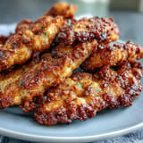 Crispy Pickle Brine Chicken Tenders, juicy inside, fried to a beautiful golden hue.